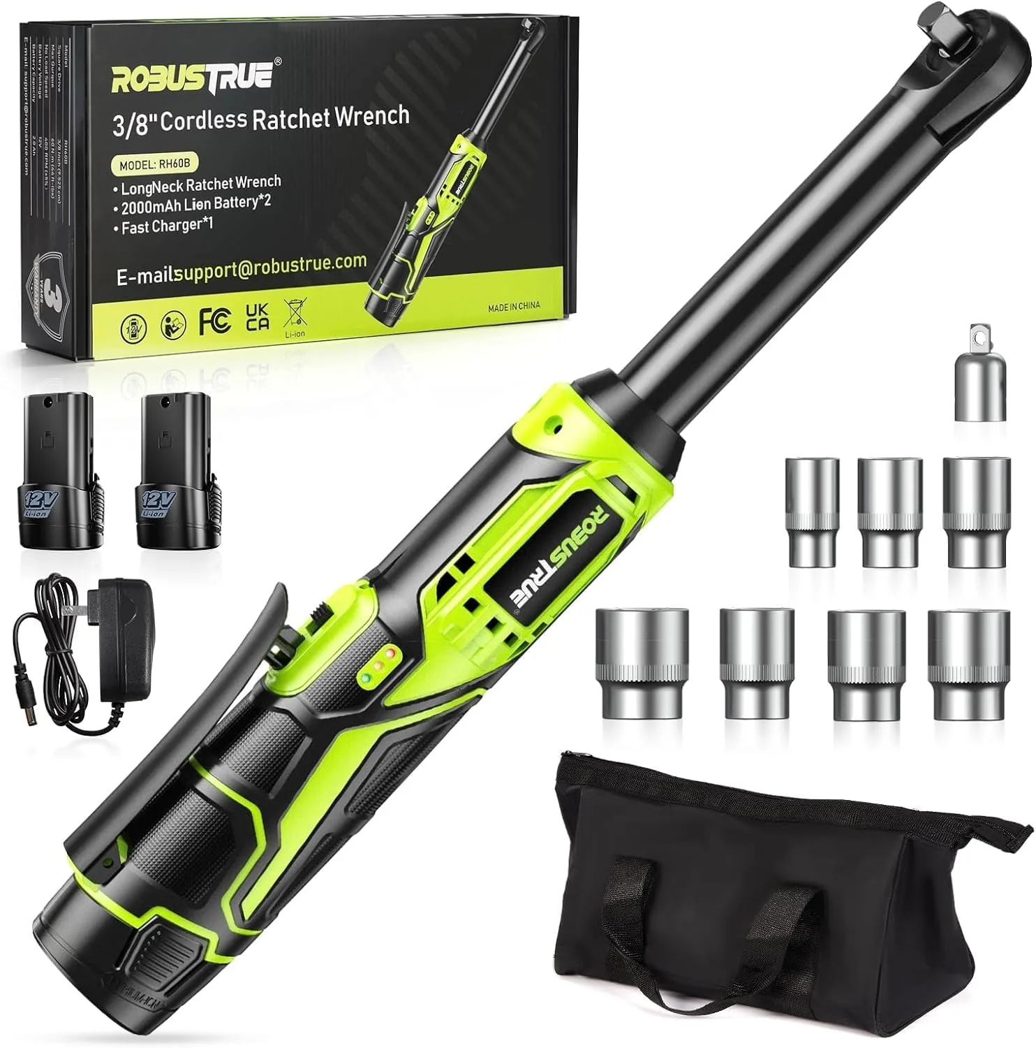 Robustrue 3/8" Cordless Ratchet Wrench, 6 inch Extended Ratchet Wrench, 40Ft-lbs 400RPM Cordless Ratchet, 2 Batteries Power Electric Ratchet Driver with Variable Speed, 7 Sockets, LED Light, Green